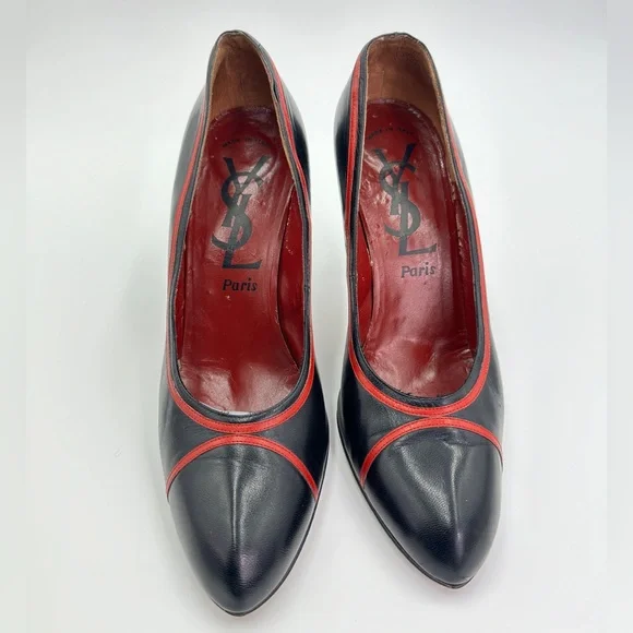 Vintage YSL Yves Saint Laurent Paris Shoes Black High Heel Pumps Red Trim 10 - Picture 4 of 11